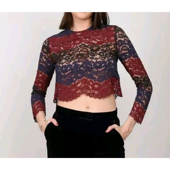 Sandro Paris Womens Long Sleeve Lace Crew Neck Crop Top Blouse Sz XS (f - Picture 2 of 7